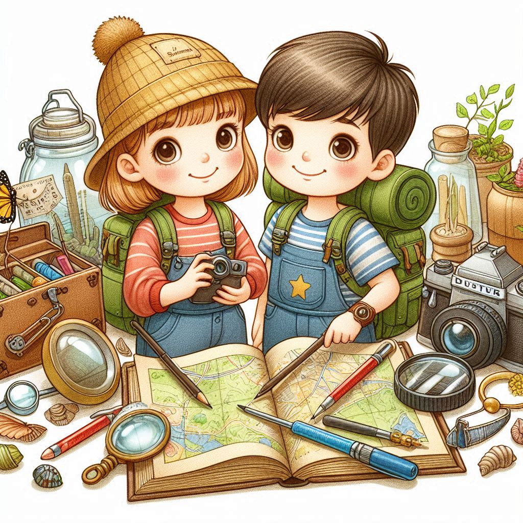 Niños prontos para la expedición, con lupas, cámaras, frascos, mapas, etc.