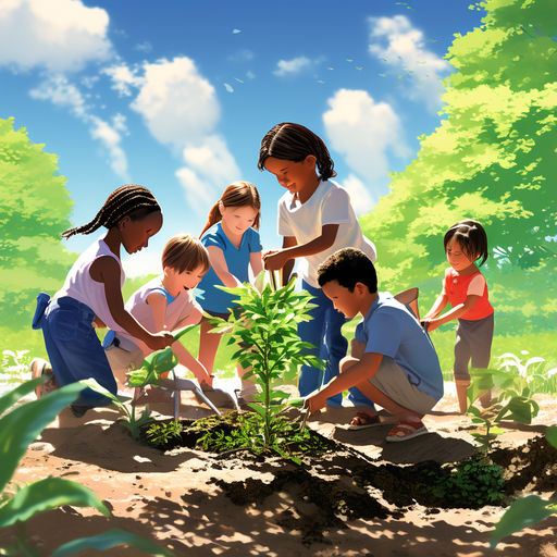 Dibujo de diversos niños y niñas plantando un árbol