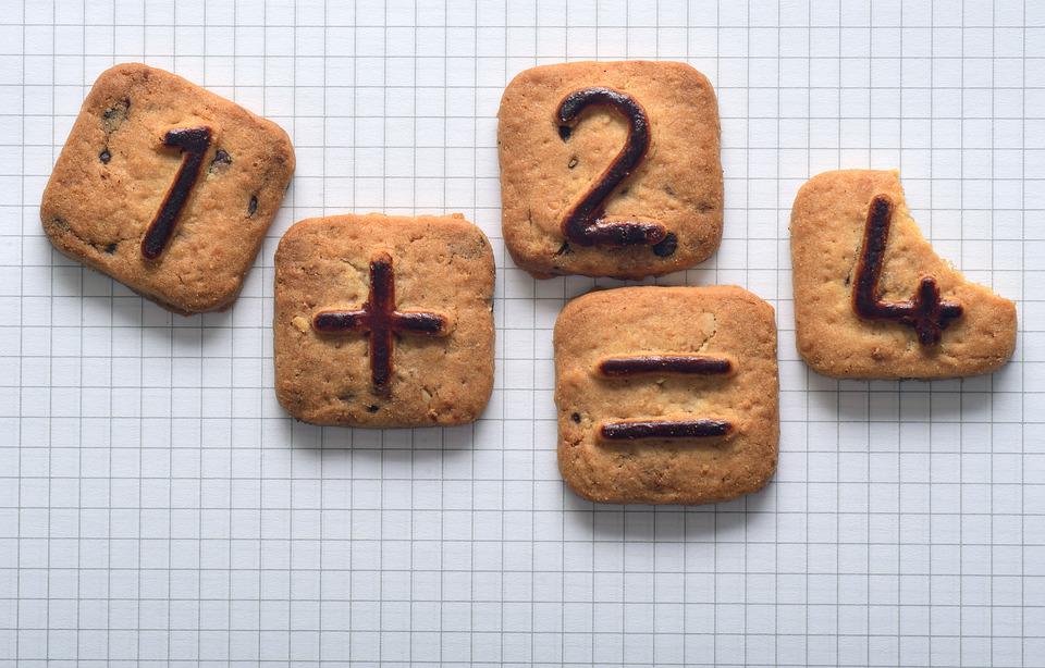 Galletas con números 1, 2 y 4, así como con símbolos de suma e igualdad 