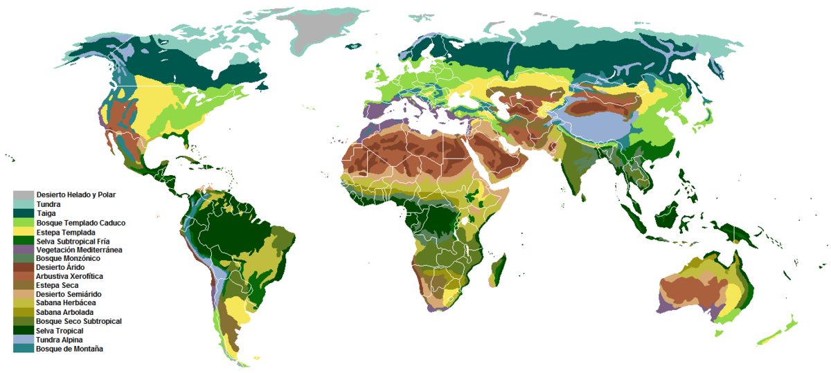 Planisferio con identificación de biomas en distintos colores