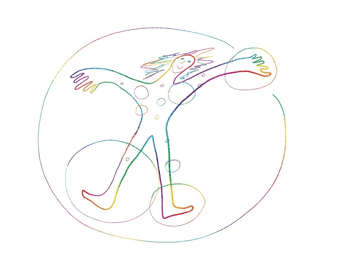 Dibujo de una silueta humana rodeada por un círculo y con círculos, adentro y afuera, de distintos tamaños.