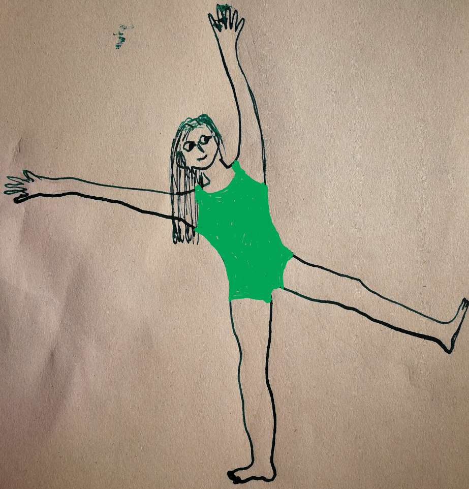 Dibujo de figura humana, de frente, con brazos y piernas extendidos y el pie izquierdo en el aire.