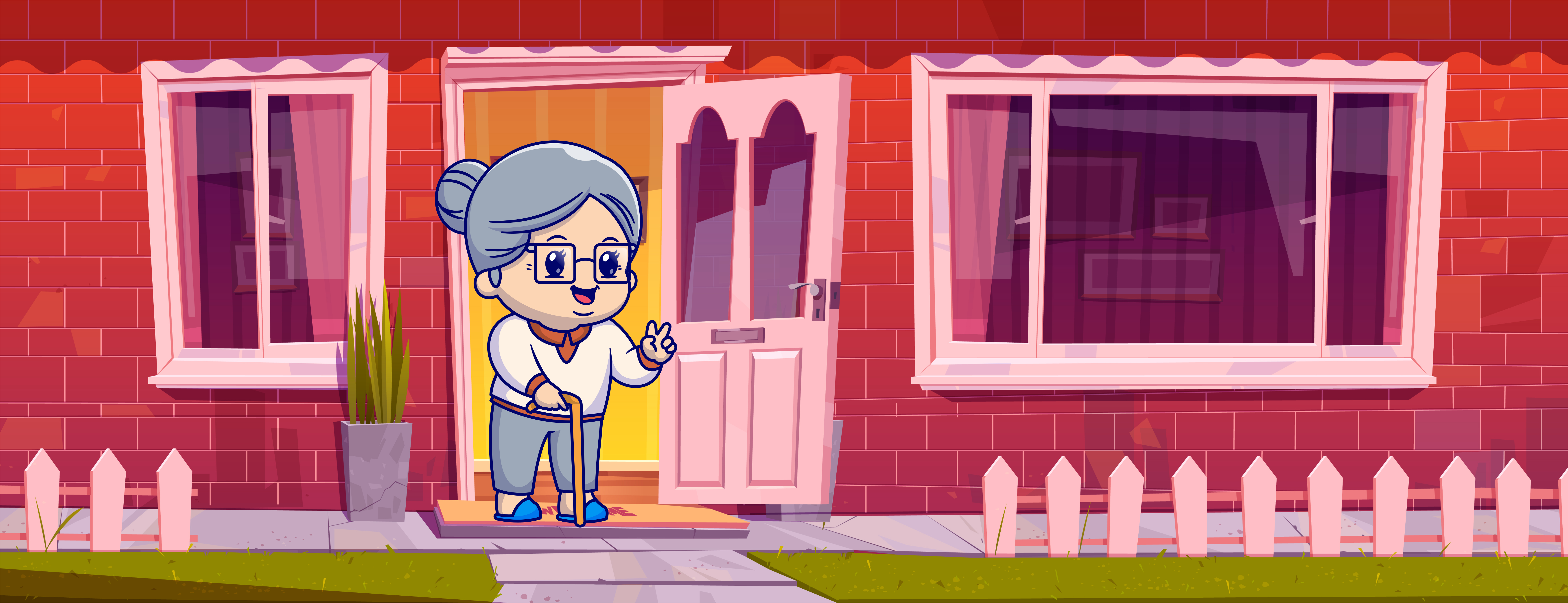 Abuela frente a la puerta de su casa