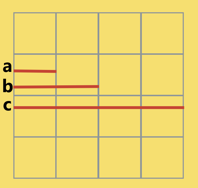 Cuadrícula de 4 por 4 y tres segmentos de diferentes longitudes.