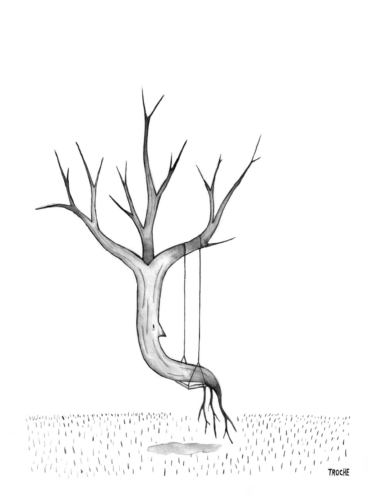 El personaje de esta ilustración es un árbol que se columpia sobre una hamaca colocada en su propia rama.