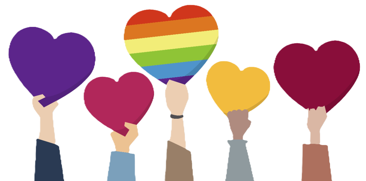 5 corazones de diversos colores sostenidos por manos
