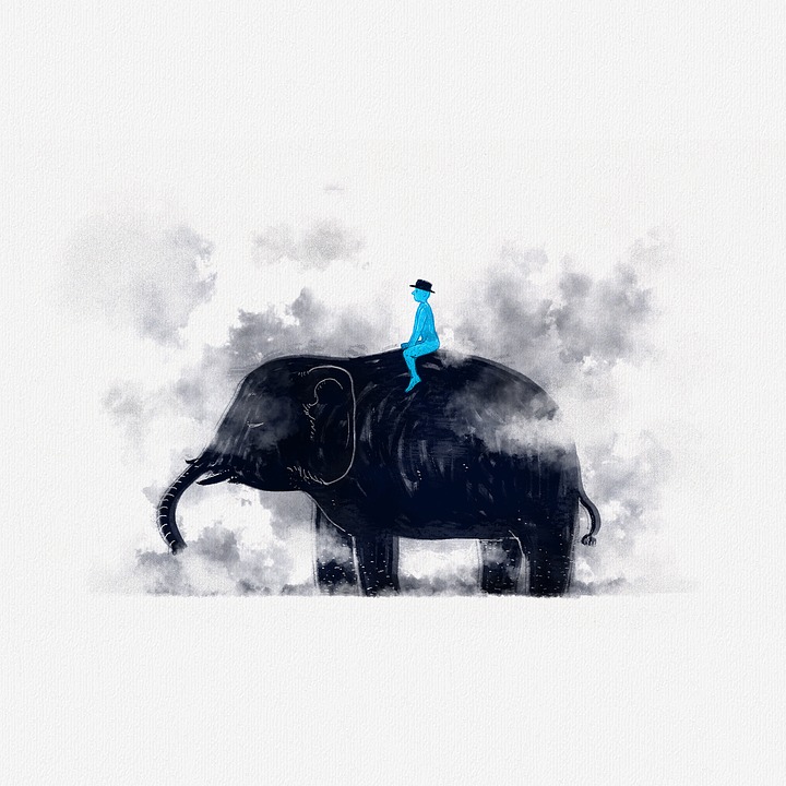 dibujo de un niño azul sobre un elefante