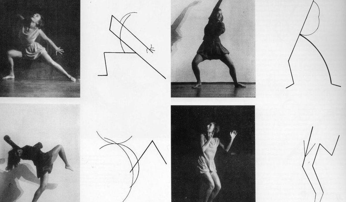 Fotografías de bailarina en poses de danza. Dibujos de líneas imitando la estructura del cuerpo de la bailarina