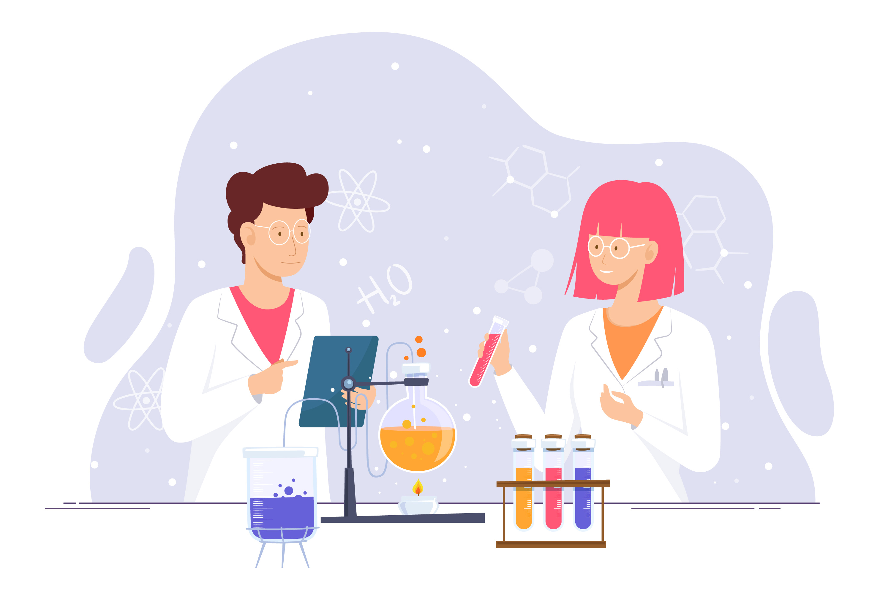 Científico y Científica trabajando en grupo