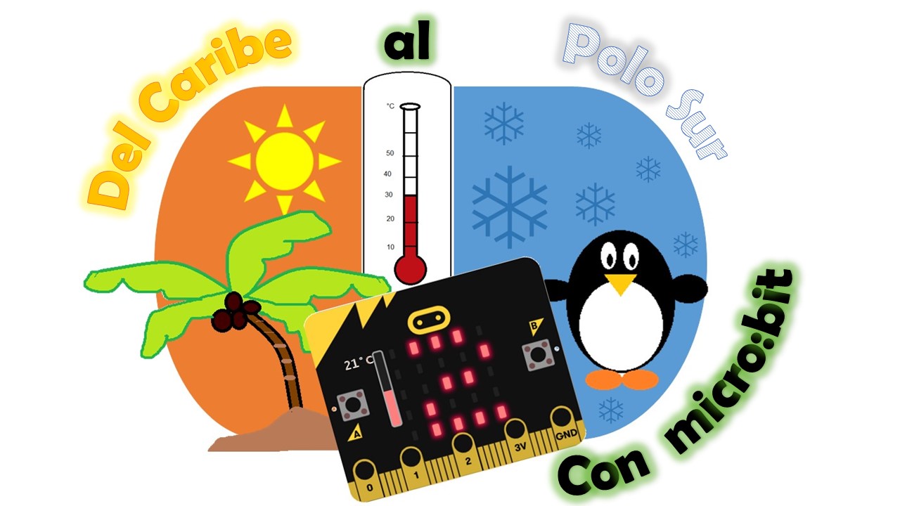 La imagen representa el logo de la actividad. A la izquierda aparece representado el Caribe con el sol y una palmera. A la derecha un pingüino representando el frío del Polo. En la parte inferior una imagen de una placa micro:bit mostrando la temperatura.