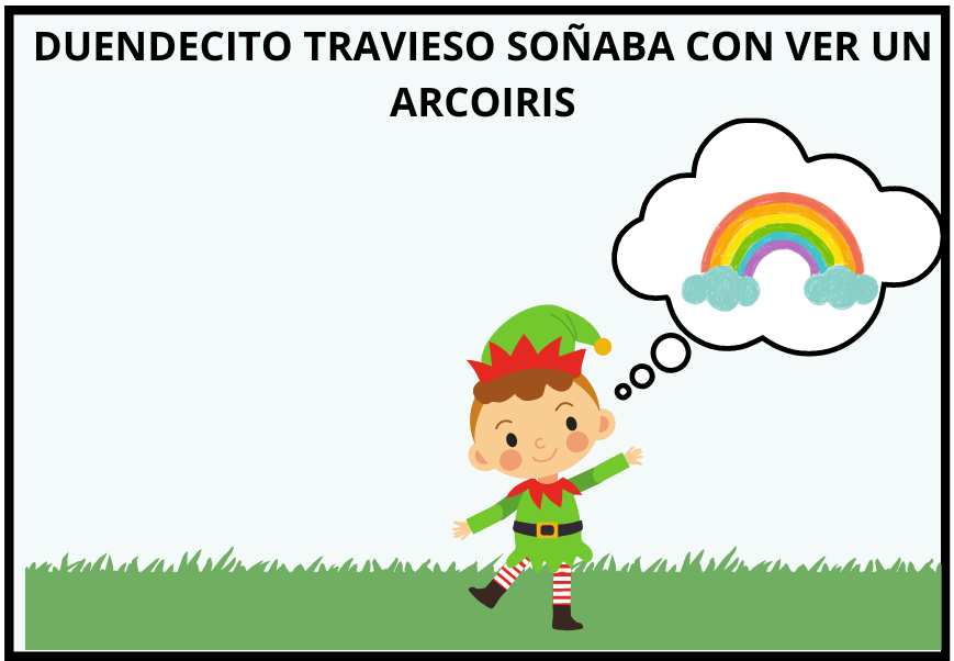 Duendecito travieso con globo de pensamiento: arcoíris