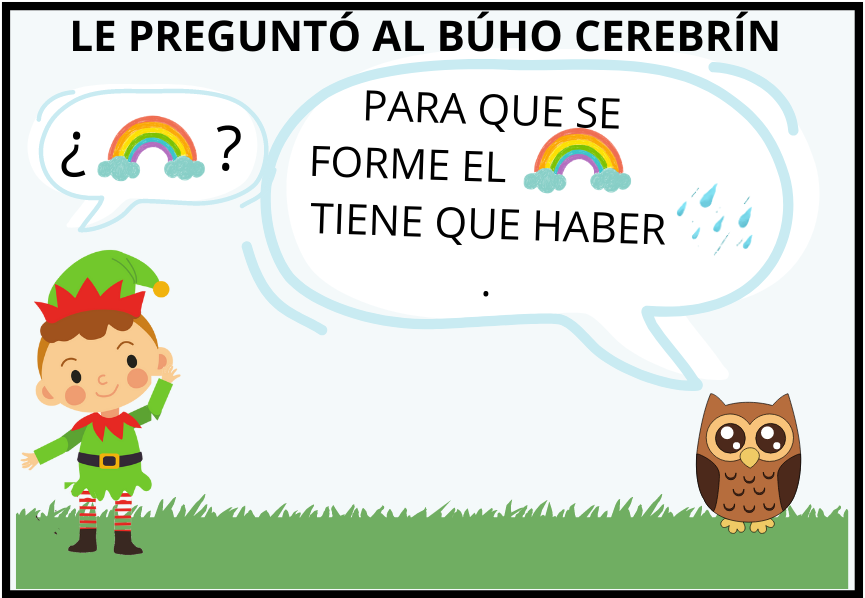 Le pregunta al búho Cerebrín cómo ver el arcoiris.   El búho le contesta: - Para ver el arcoiris tiene que haber lluvia.