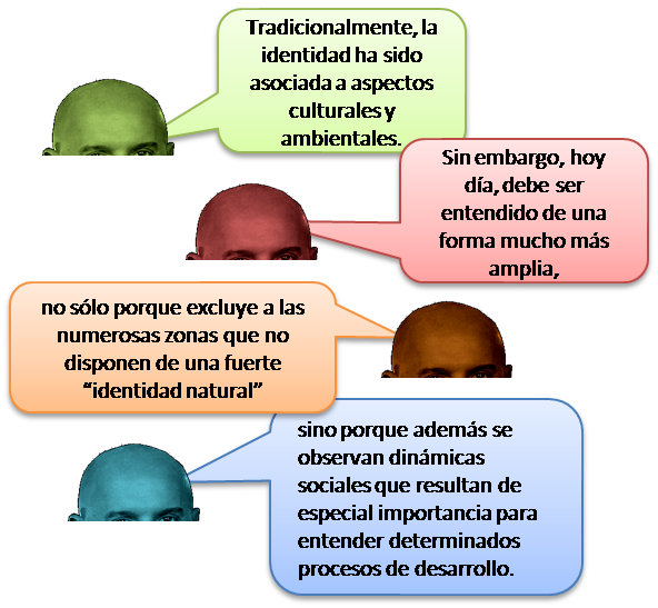 Tradicionalmente, la identidad ha sido asociada a aspectos culturales y ambientales. Sin embargo, hoy día, debe ser entendido de una forma mucho más amplia, no sólo porque excluye a las numerosas zonas que no disponen de una fuerte “identidad natural” sino porque además se observan dinámicas sociales que resultan de especial importancia para entender determinados procesos de desarrollo. 