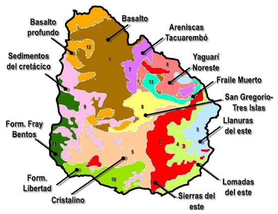 Mapa de las trece zonas de suelo del Uruguay