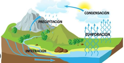 Esquema del ciclo hidrológico que ilustra el proceso de precipitación,infiltración, evaporación y condensación