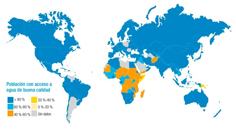 Planisferio con detalle de color en países con mayor acceso al agua (azul) y menor acceso (amarillo)