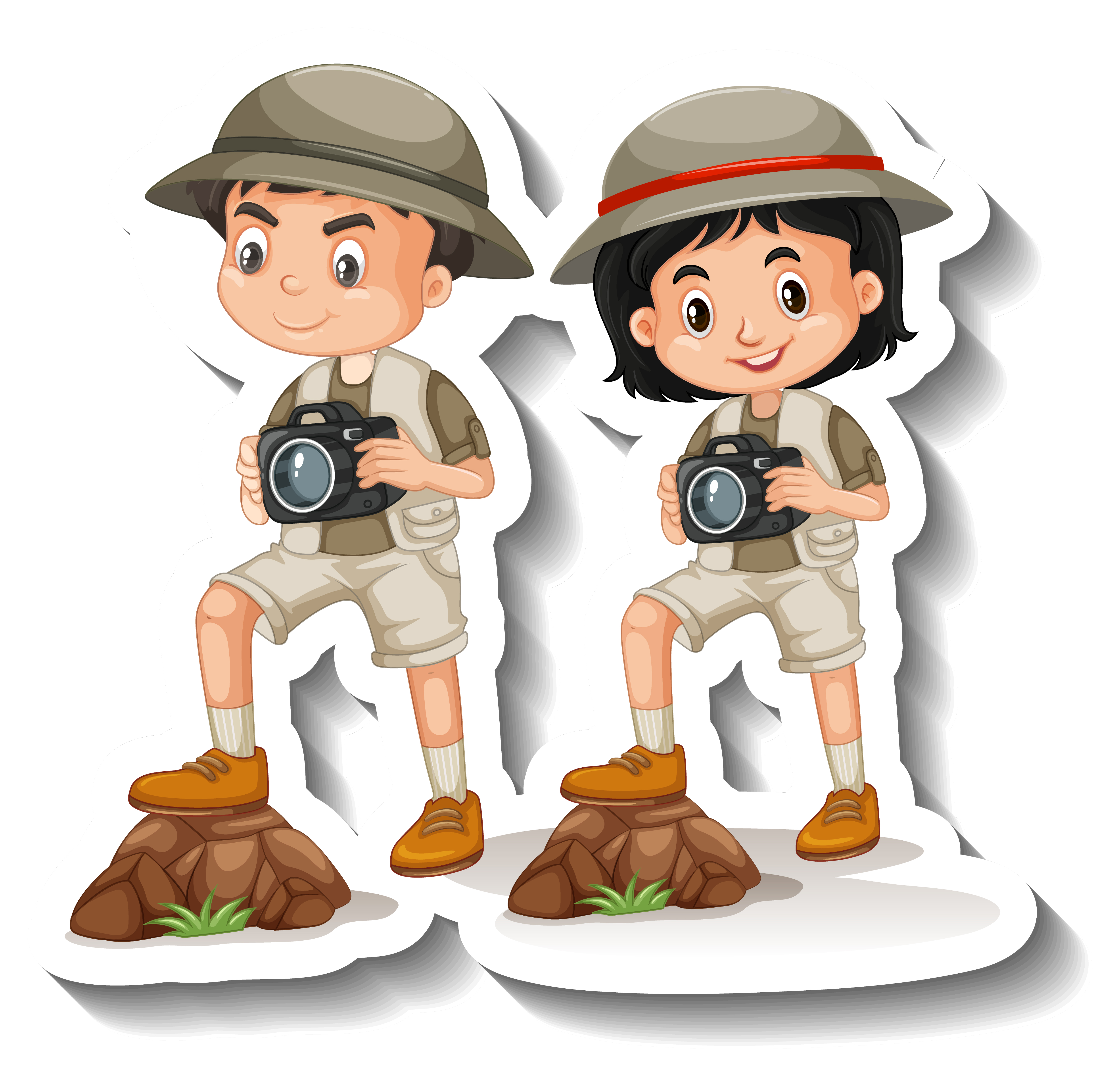 Niño y niña vestidos de exploradores con cámaras fotográficas en sus manos