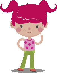 Caricatura de niña pequeña. Tiene el pelo de color rosado, usa una blusa a lunares y jeans verdes.