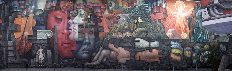 Mural Panorámico realizado en la ciudad de Chile sobre la identidad latinoamericana. Se representan rostros y elementos propios de la identidad de los países de latinoamérica