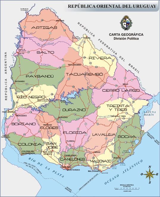 Mapa político de Uruguay con denominación de capitales departamentales 