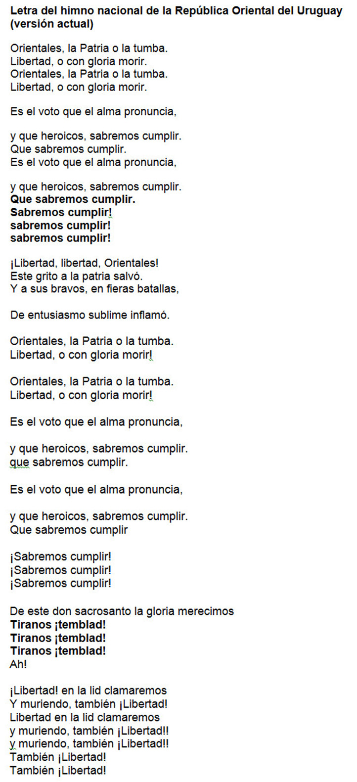 Letra Del Himno De Uruguay
