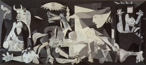 Pablo Picasso, Guernica. Caballo y toro sufriente. Mujer llorando y gritando al cielo con su hijo muerto en brazos. Mujer desesperada envuelta en llamas. Mujer con candelabro que mira la escena.