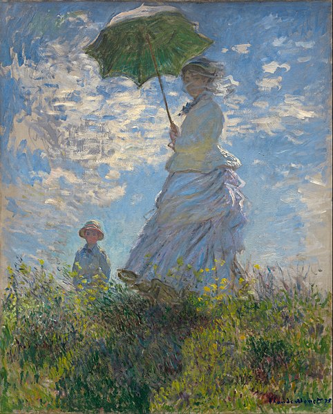 Obra de Claude Montet- Mujer en un campo de flores con una sombrilla. 