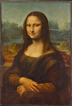 Obra de Leonardo Da Vinci "Mona Lisa". Mujer sentada mira al frente sonriendo delicadamente