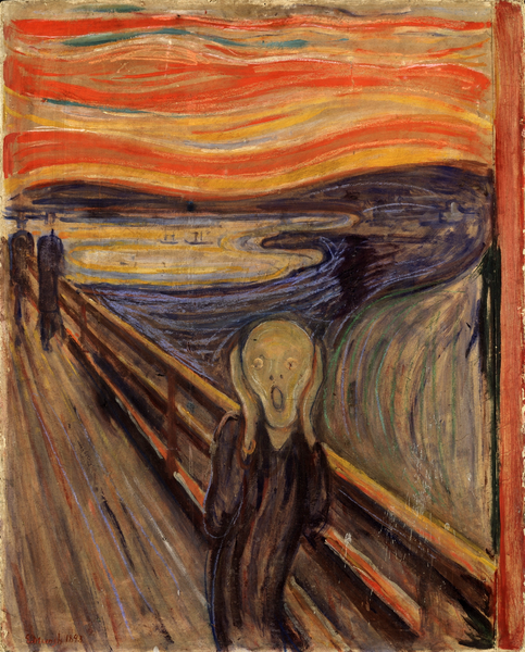 Obra "El Grito" de Edvard Munch. Un hombre grita en el medio de un puente durante un atardecer. Dominan los colores rojisos.