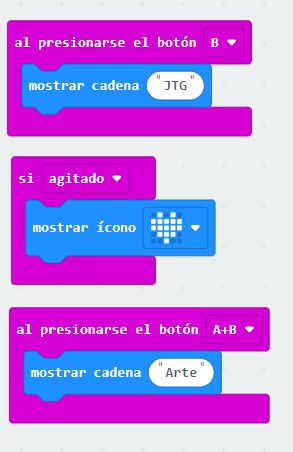 Programación Placa. Al presionar botón B mostrar cadena "JTG". Si agitado mostrar icono corazon. Al presionar botón A+B mostrar cadena "Arte"