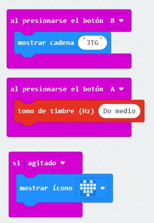 Programación Placa 2. Al presionar botón B - Mostrar cadena "JTG". Al presionar botón A : tono de timbre (hz) Do menor. Si agitado mostrar icono corazon