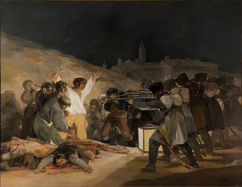 Goya, "Los fusilamientos del 3 de mayo". Un grupo de soldados franceses fusilan a rebeldes españoles.