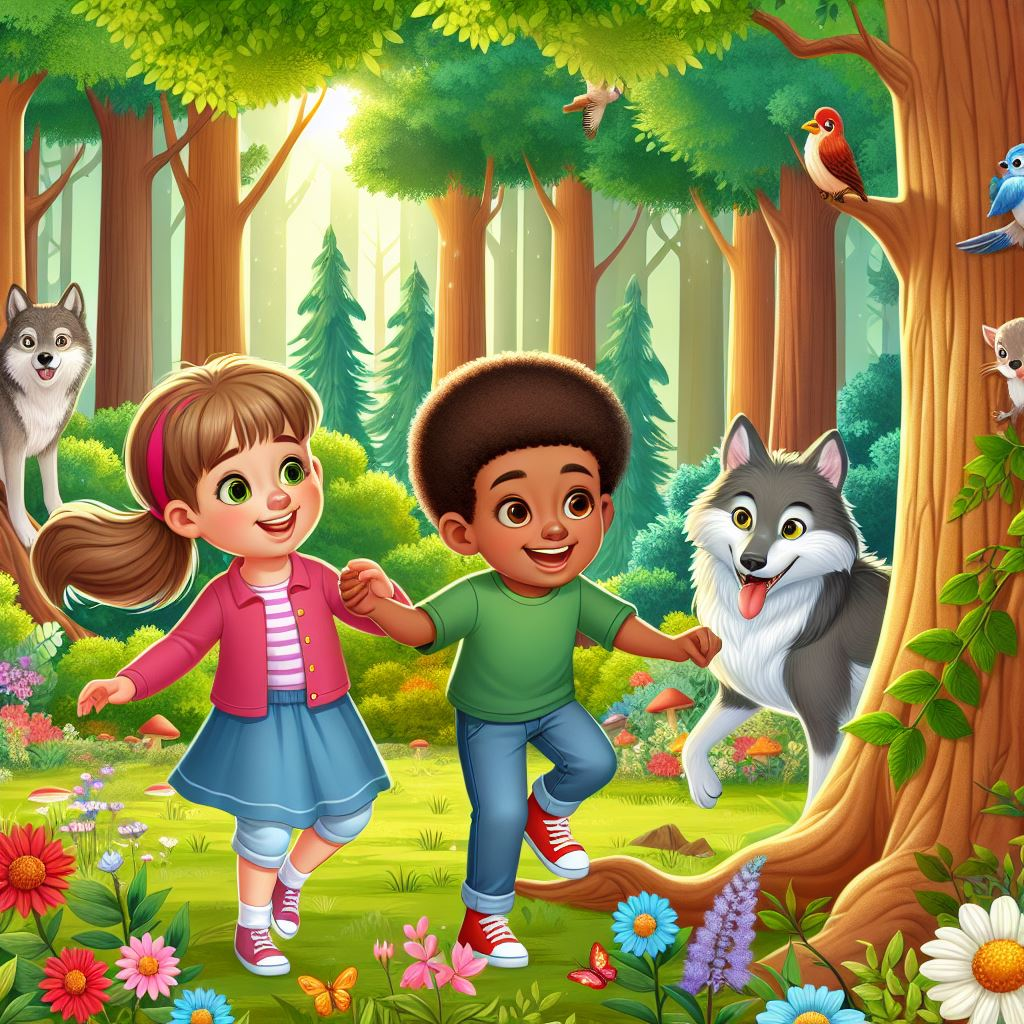 DOS NIÑOS JUGANDO EN EL BOSQUE CON UN LOBO