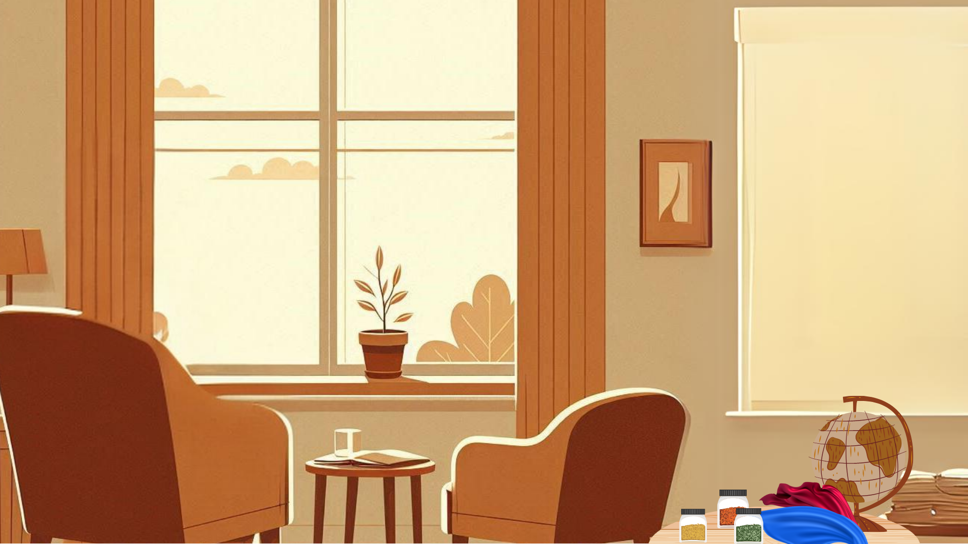 Sillones frente a la ventana, con mesa auxiliar con globo terráqueo, telas y especias.