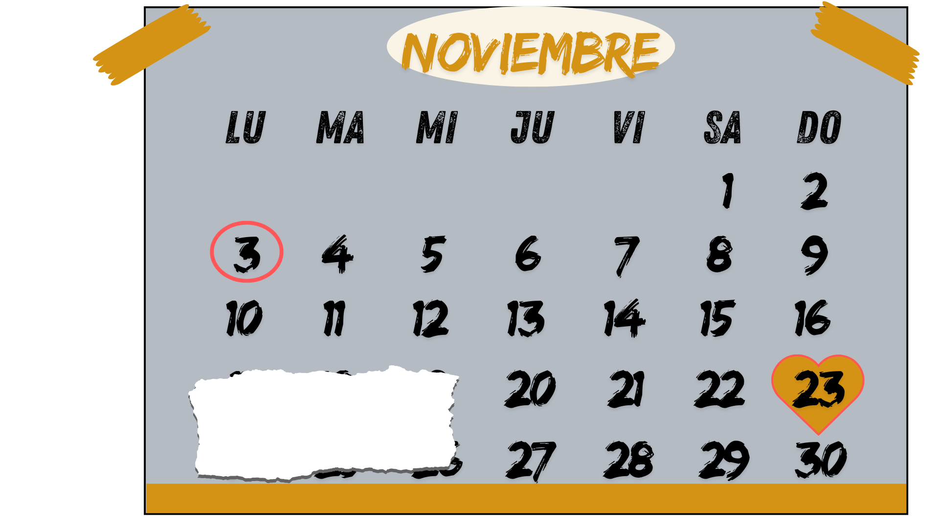 CALENDARIO DE NOVIEMBRE, MARCANDO EL LUNES 3 Y EL DÍA 23