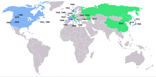Mapa con las Sedes de los Juegos Olímpicos de Invierno. En verde se muestran las sedes en una edición, en azul se muestran las sedes en dos o más ediciones.