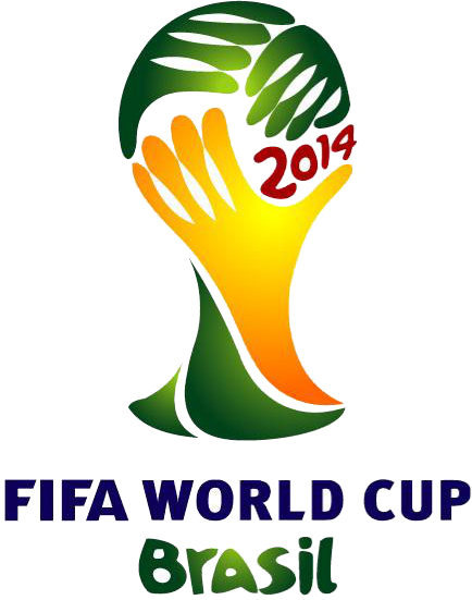 FIFA World Cup Brasil 2014. Tres manos unidas sosteniendo el trofeo de la copa del mundo, en color verde y amarillo