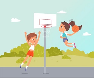 Ilustración de niños y niñas encestando la pelota de basket