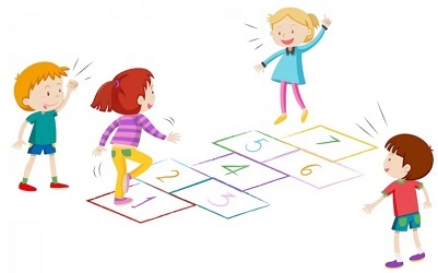 Ilustración de niños y niñas jugando a la rayuela