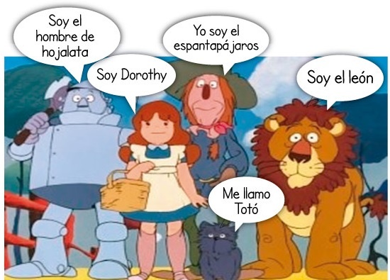 Personajes del Mago de OZ: Dorothy, el Hombre de Hojata, el Espantapájaros, el León y Toto.