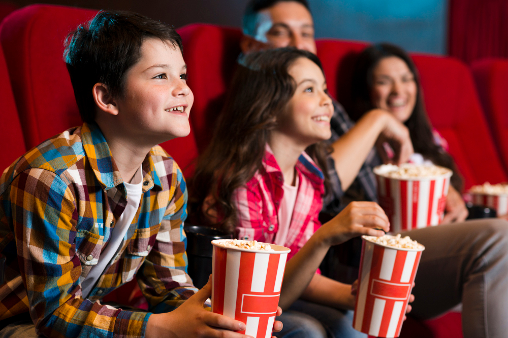 Familia feliz sentada en butacas de color rojo, frente a una pantalla de cine.