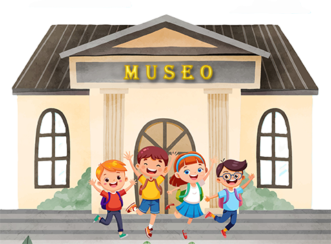 Grupo de niños y niñas festejando frente a la puerta de un Museo