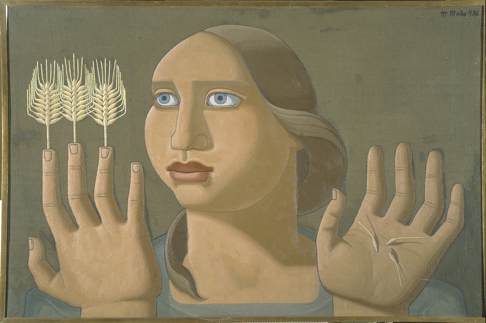 Obra de arte. Pintura: Mujer con las manos extendidas, de sus dedos salen espigas de trigo. En la otra mano sostiene brotes de trigo