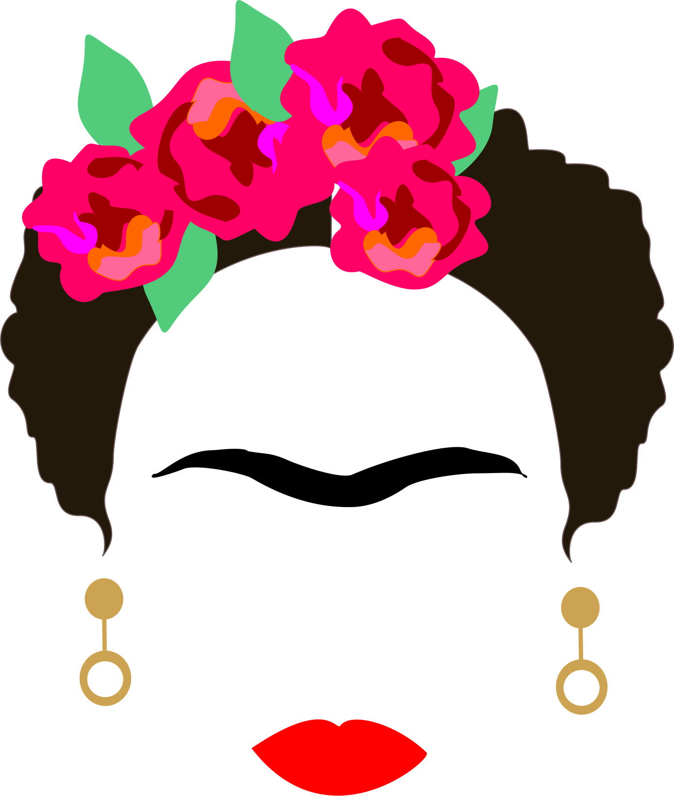 Representación simplificada de un rostro de una mujer con flores en su cabeza cejas anchas, labios rojos y aretes.