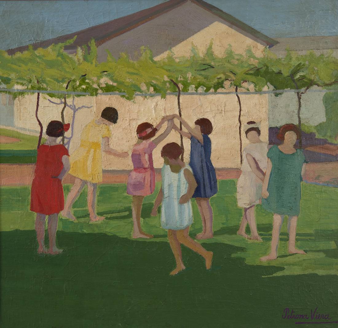 Obra pictórica - Niñas jugando en el patio de la escuela