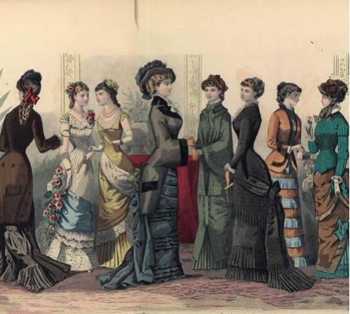 Ilustración de un grupo de mujeres burguesas con vestidos de la época.