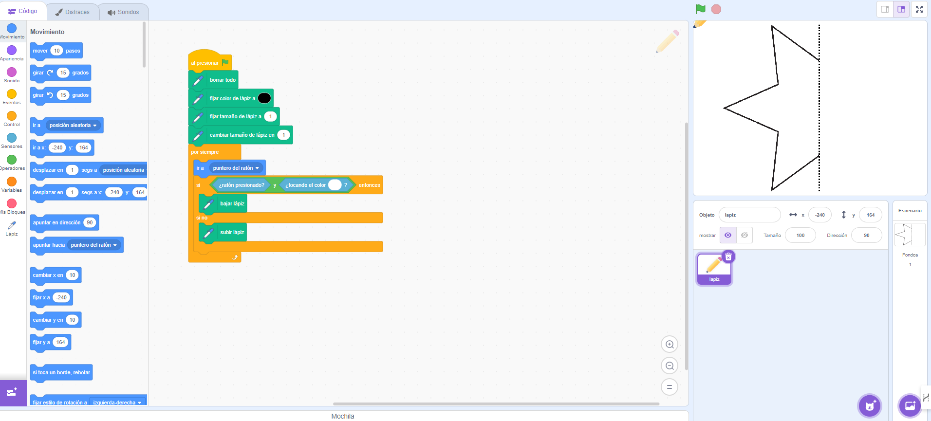 Captura de pantalla de programación de Scratch