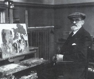 Pedro Figari pintando una de sus obras sobre el medio rural, con pinceles, caballete y pinturas.