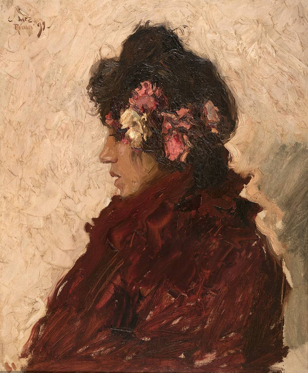 Retrato de mujer de época de perfil. Técnica: manchas