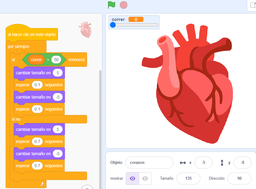 Captura de programación: Al hacer clic en el objeto/por siempre/si correr es mayor que 50, cambiar tamaño por 5/ esperar 0.1/cambiar tamaño por -5/esperar 0.1/ sino/cambiar tamaño en 5/esperar 0.7/cambiar tamaño en -5/esperar 0.7